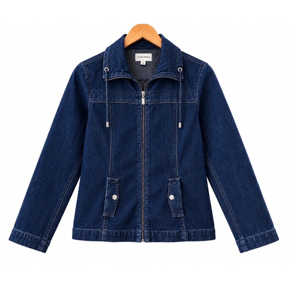 Studio Works Petite Denim Zip Front Jacket PM Dark Wash Stretch Utility Jacket